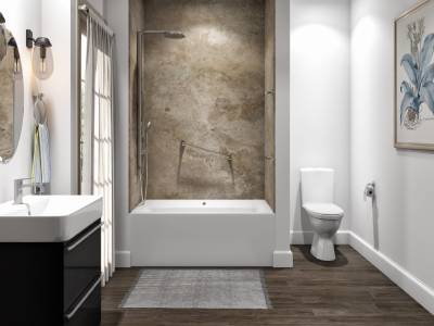A bathroom remodel with white walls and wood floors. - bathroom remodeling and renovation from Oasis Bath Solutions of Kent Washington