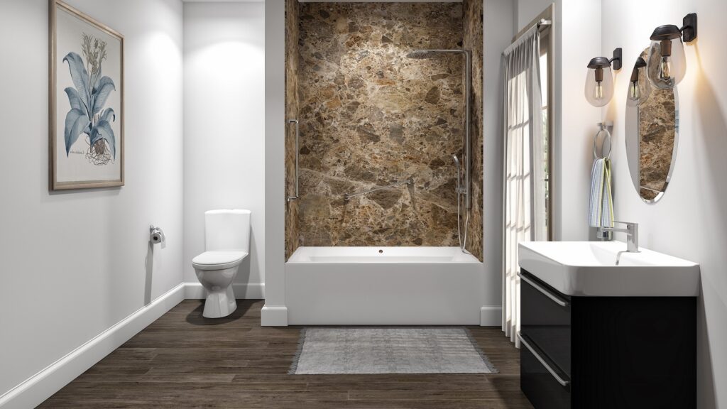 A 3d rendering of a bathroom with a tub and toilet - bathroom remodeling and renovation from Oasis Bath Solutions of Kent Washington