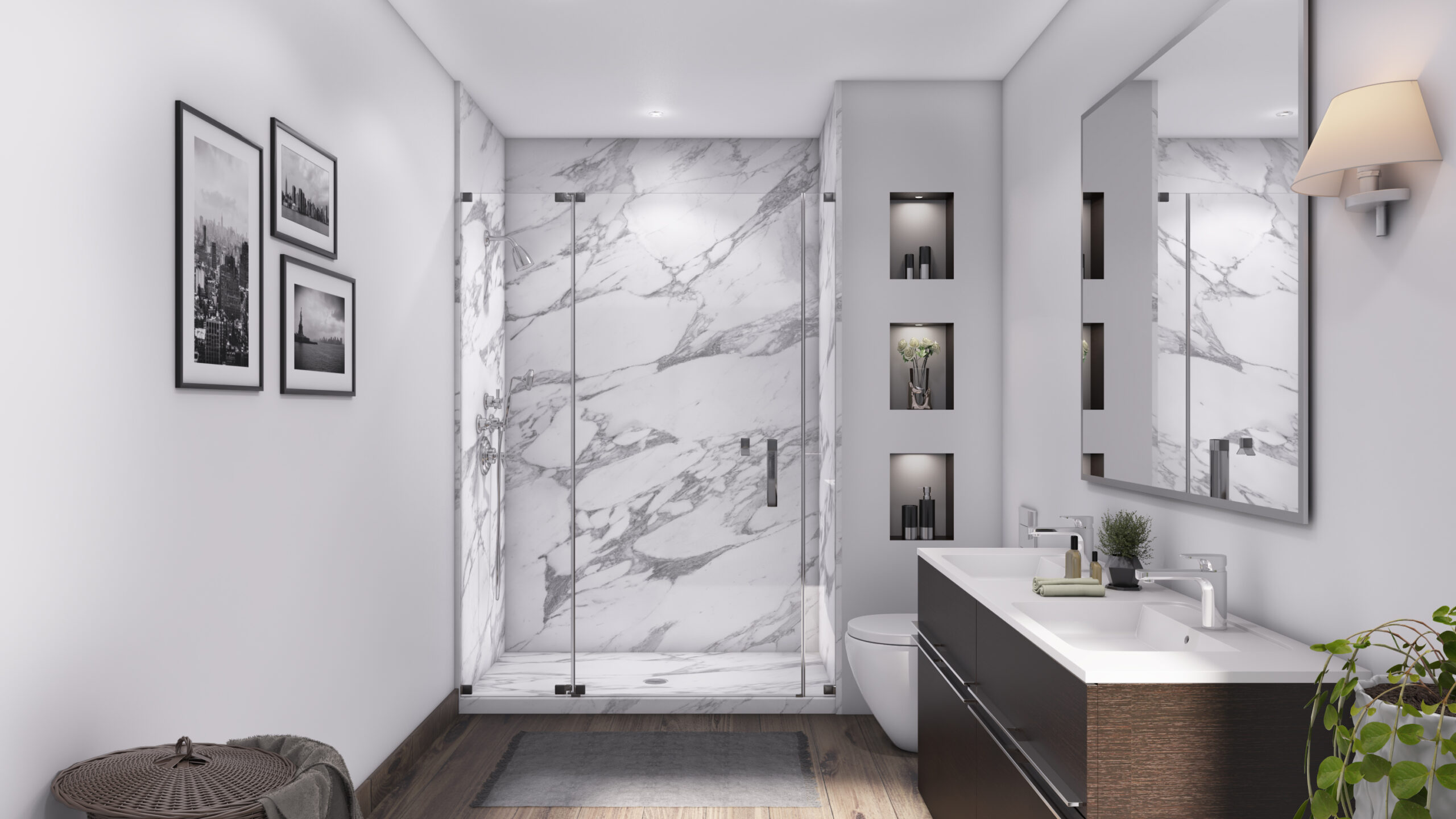 A modern bathroom with white walls and marble floors - bathroom remodeling and renovation from Oasis Bath Solutions of Kent Washington