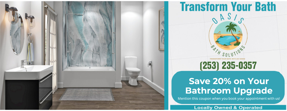Modern bathroom remodel interior with a shower, vanity, and toilet, alongside an advertisement for bathroom upgrades. Bathroom remodeling and renovation from Oasis Bath Solutions of Kent Washington
