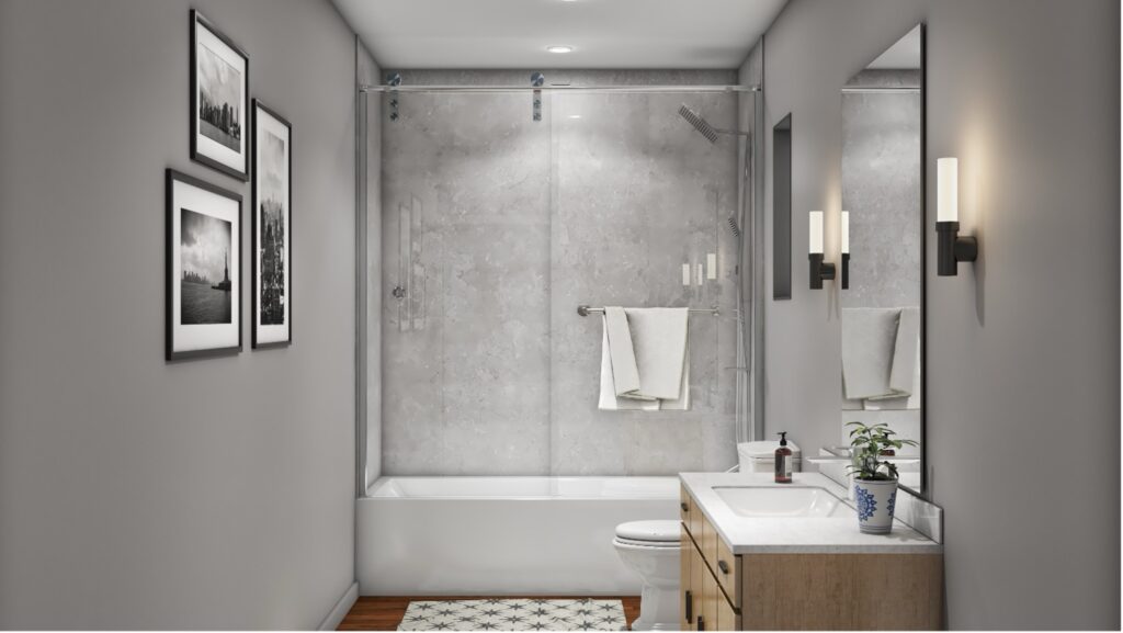 A rendering of a small bathroom shower with sentrel walls with a toilet and sink. Bathroom remodeling and renovation from Oasis Bath Solutions of Kent Washington