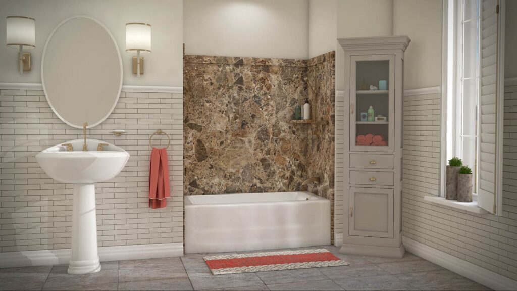 Modern bathroom interior with a freestanding sink, tiled walls, bathtub with stone accent, and a linen cabinet. Bathroom remodeling and renovation from Oasis Bath Solutions of Kent Washington