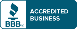 Logo of the Better Business Bureau (BBB) with the text "Accredited Business" and the BBB torch symbol in white and blue, featuring Sentrel bath walls. Bathroom remodeling and renovation from Oasis Bath Solutions of Kent Washington